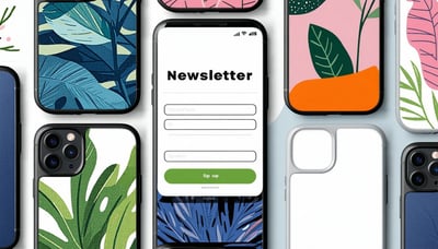 Newsletter signup with iPhone cases illustration